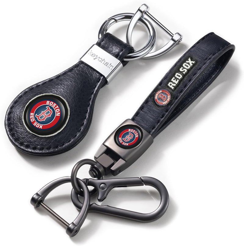 EMIJOY Red Sox Car Keychain Keyring for Baseball Fans,Boston Red Sox Accessory 2 Packs Leather Car Keychain,Women/Men's Key Chains for Vehicles,Auto Key Ring Lanyard for Key Fob Holder - Image 1